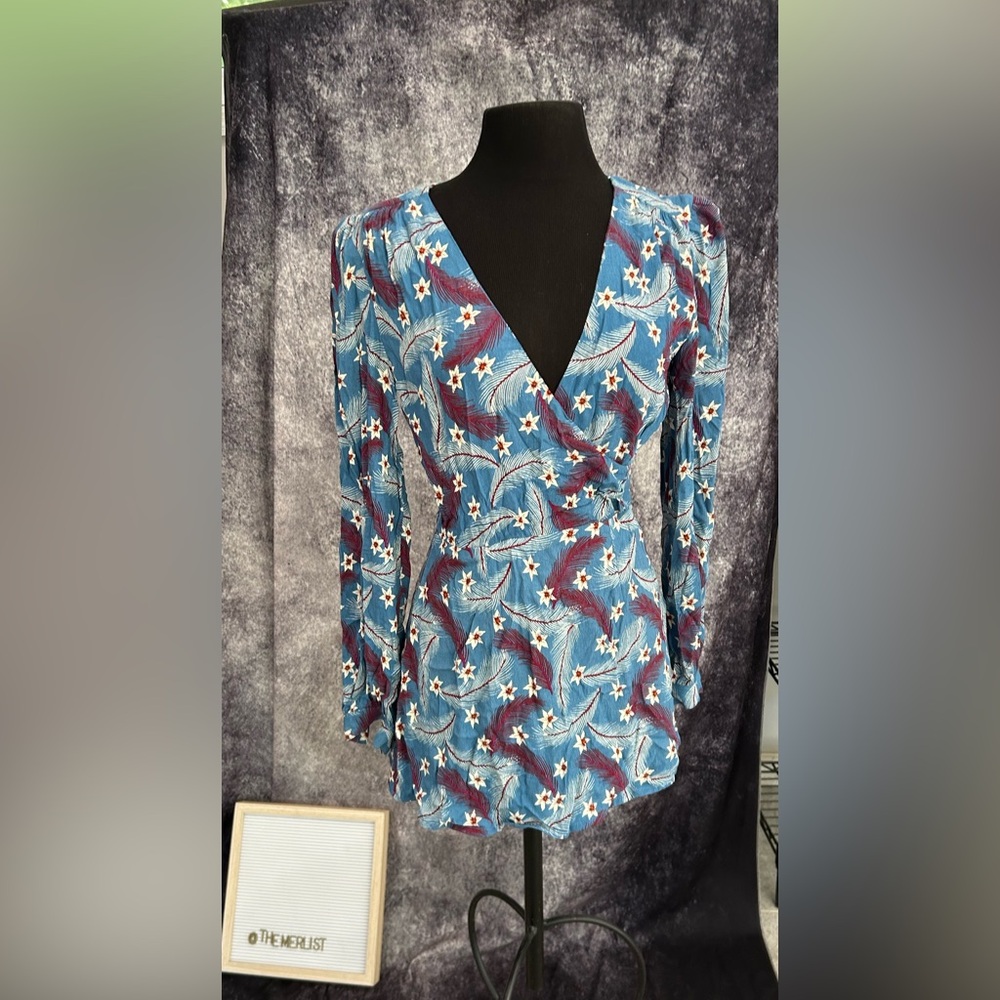 & Other Stories Boho Blue Purple Floral Feathers L/S Fit Flare‎ Mini Dress